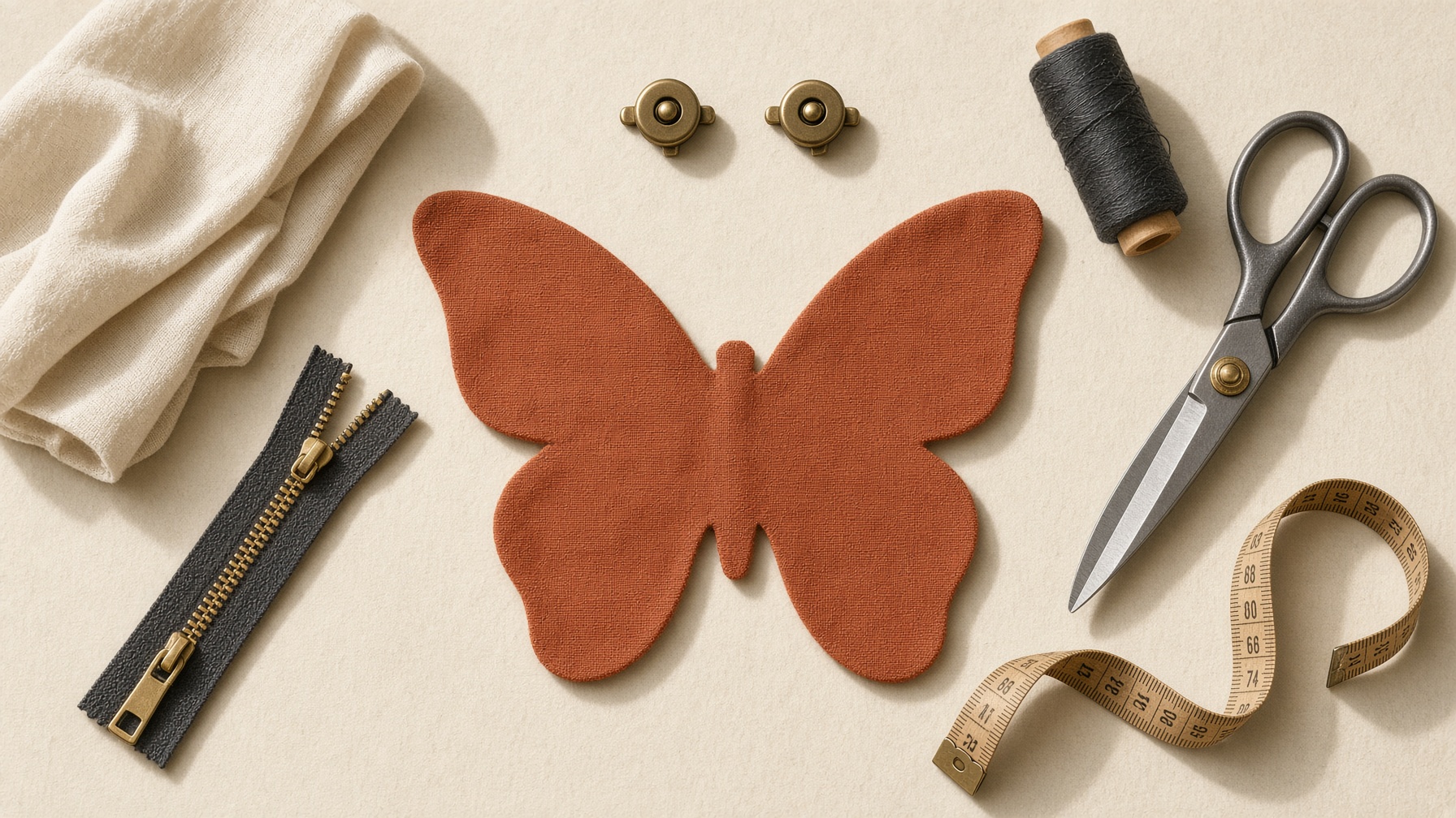 Cutting table with rust linen butterfly, lining, zipper, snaps, thread, and shears