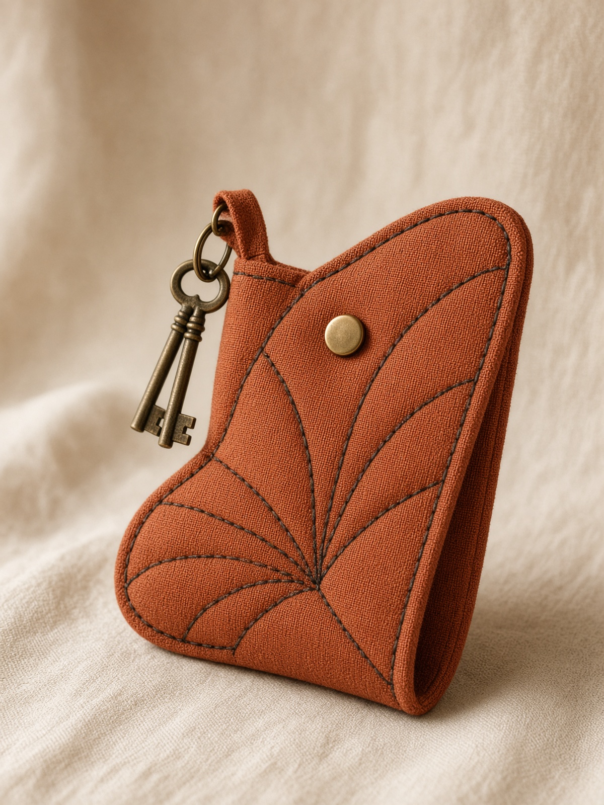 Closed butterfly-wing wallet in rust linen with brass keys on a loop