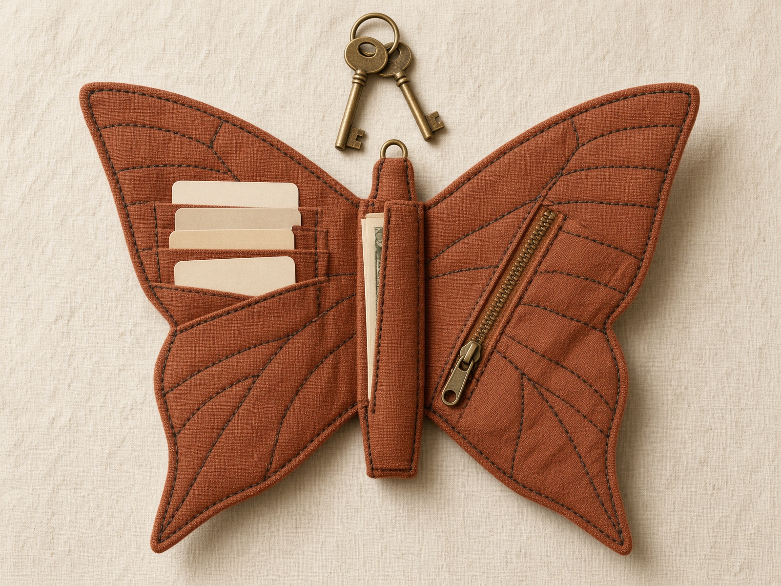 Open rust-linen butterfly wallet with cards, cash, a coin zipper, and keys on a fabric loop